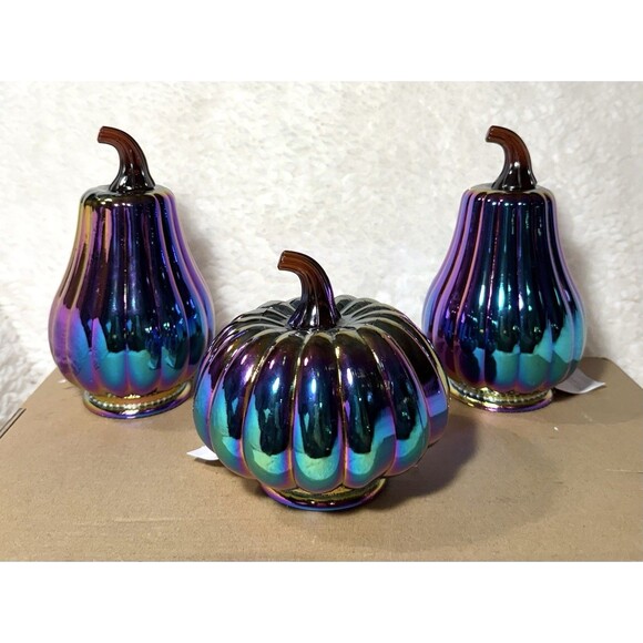 Set of 3 Dark Iridescent Glass Pumpkins Target Halloween - NEW - Picture 2 of 4